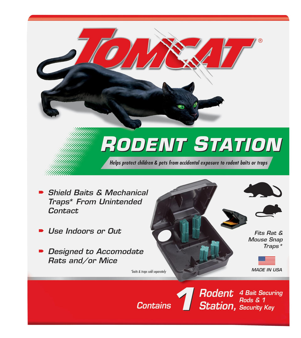 Tomcat Rodent Station packaging indicating indoor or outdoor use for rodent control