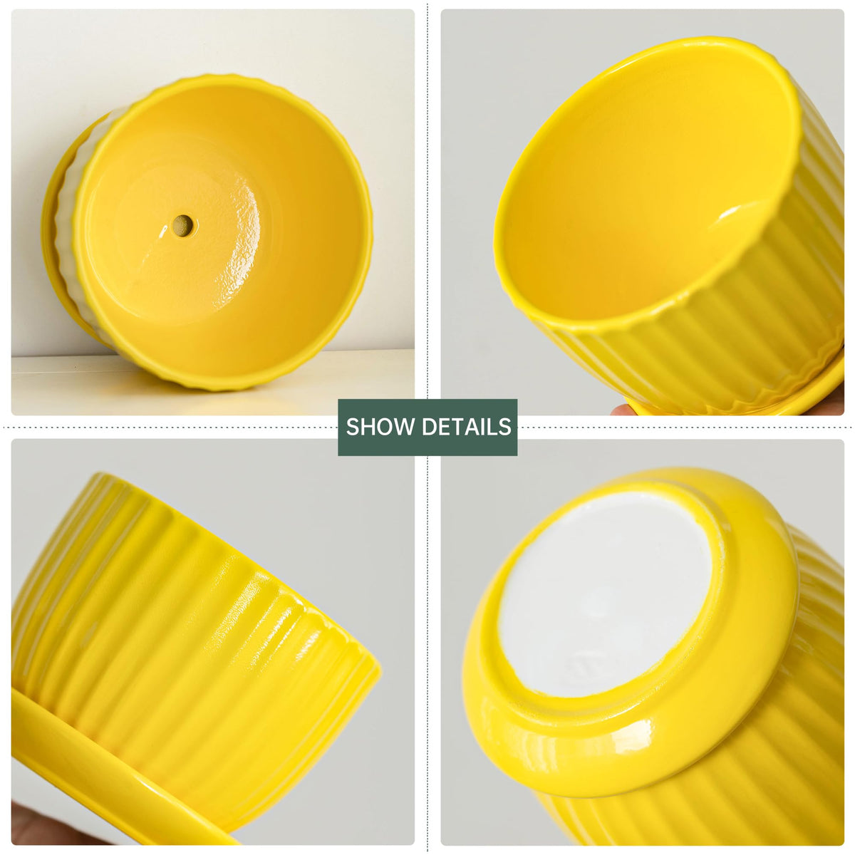 Ton Sin sunburst yellow pot with attached saucer keeps surfaces clean.