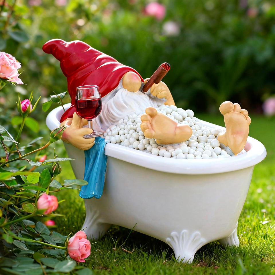 Toncoke 7-inch outdoor gnome with bathtub and wine glass for whimsical yard decor