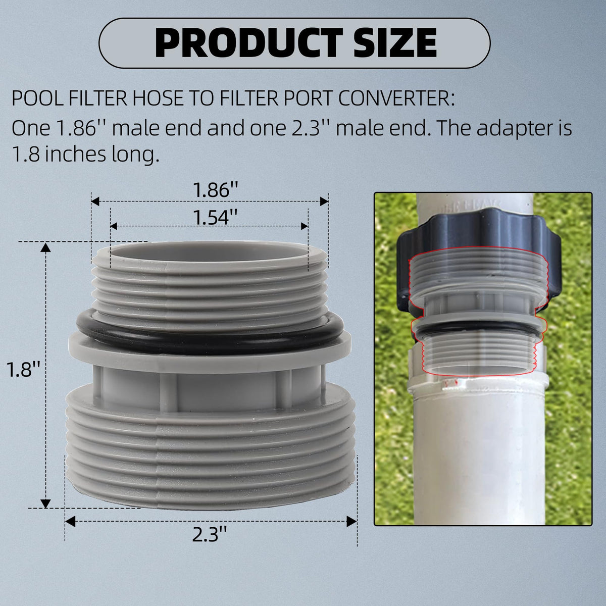 TonGass above-ground pool hose adapter enables quick, compatible port connections.