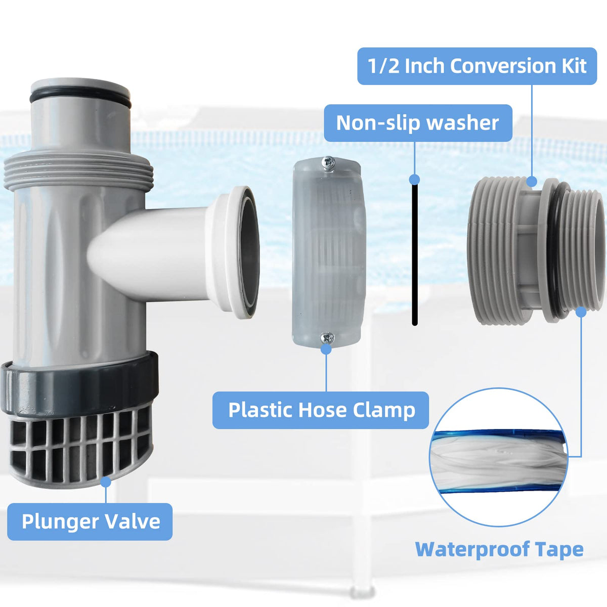 Example TonGass hose-to-port connection in an outdoor pool setup.