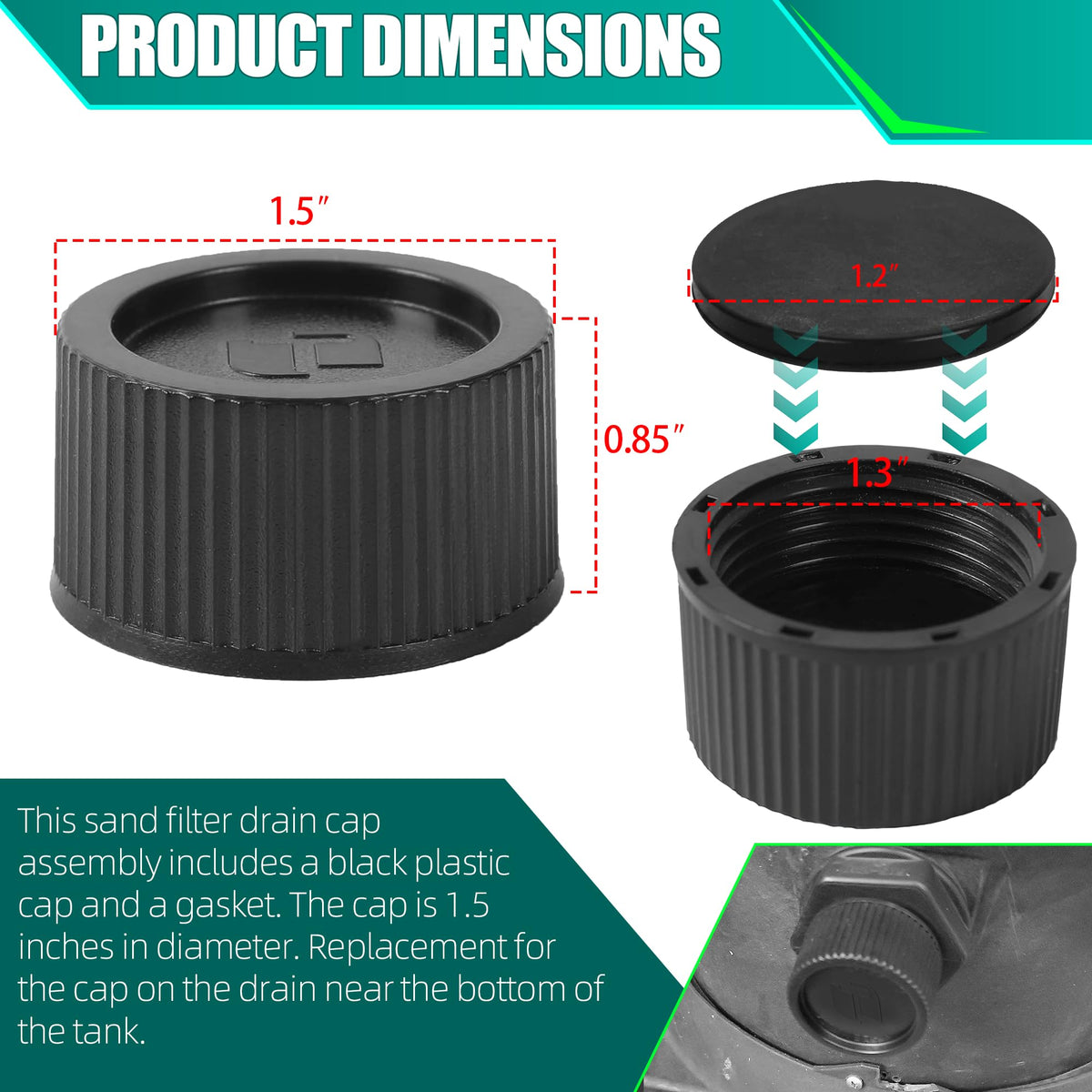 TonGass drain cap and gasket deliver durable plastic construction with secure thread engagement.