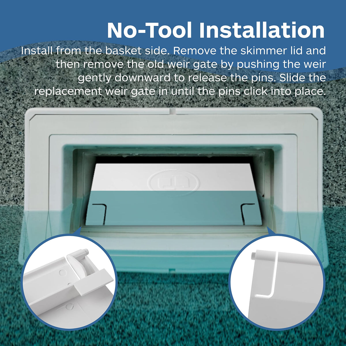 TonGass durable pool gate helps reduce debris buildup in the skimmer