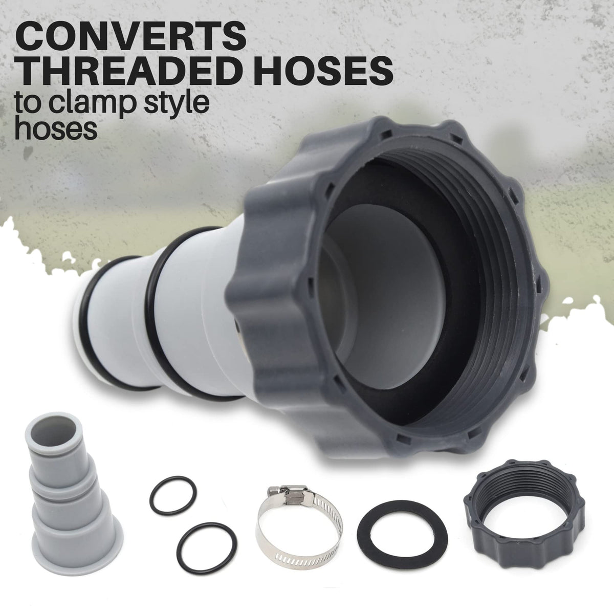 TonGass O-ring sealed adapter provides a watertight connection for pool equipment.
