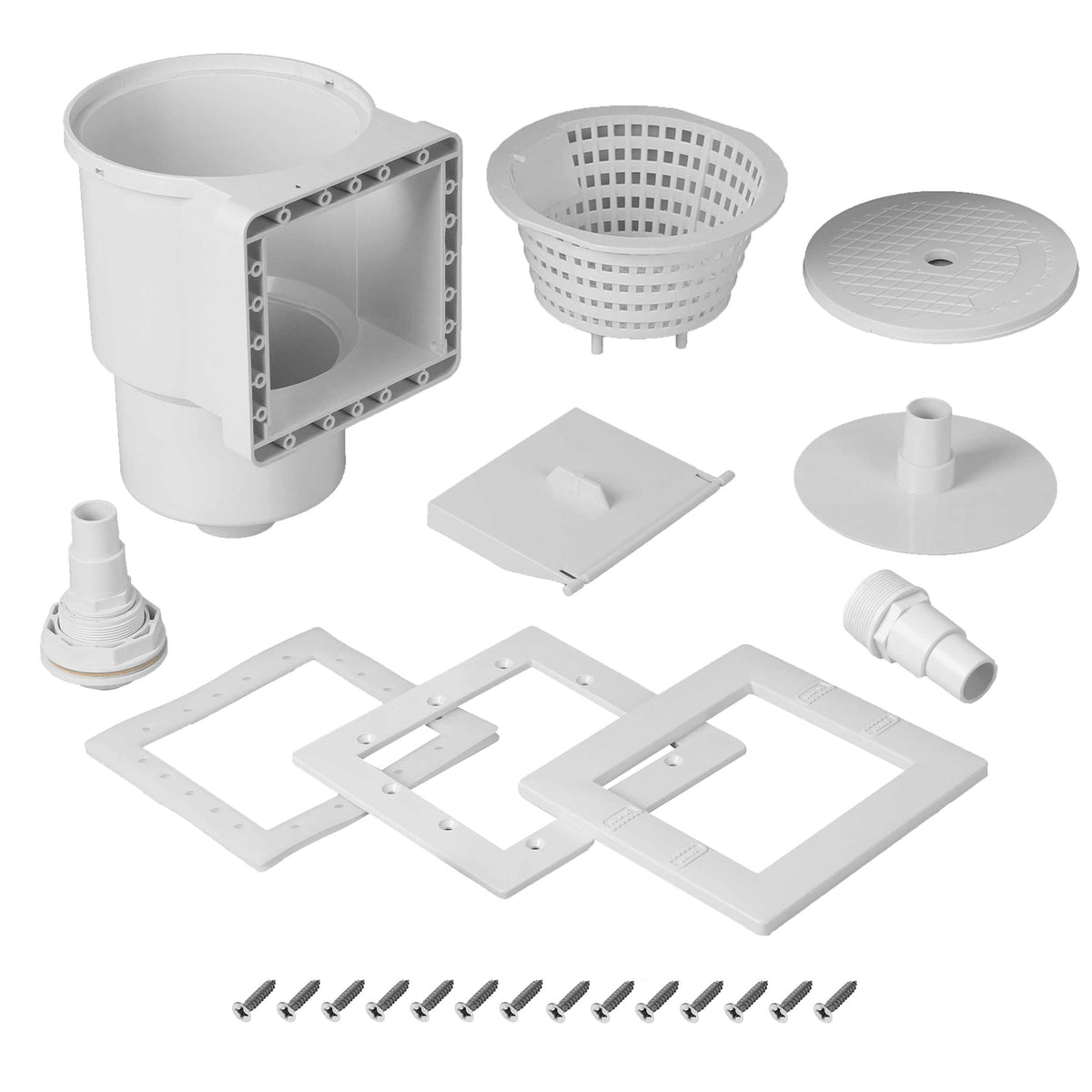 TonGass Skimmer body with universal fit for above-ground pools and improved debris pickup.