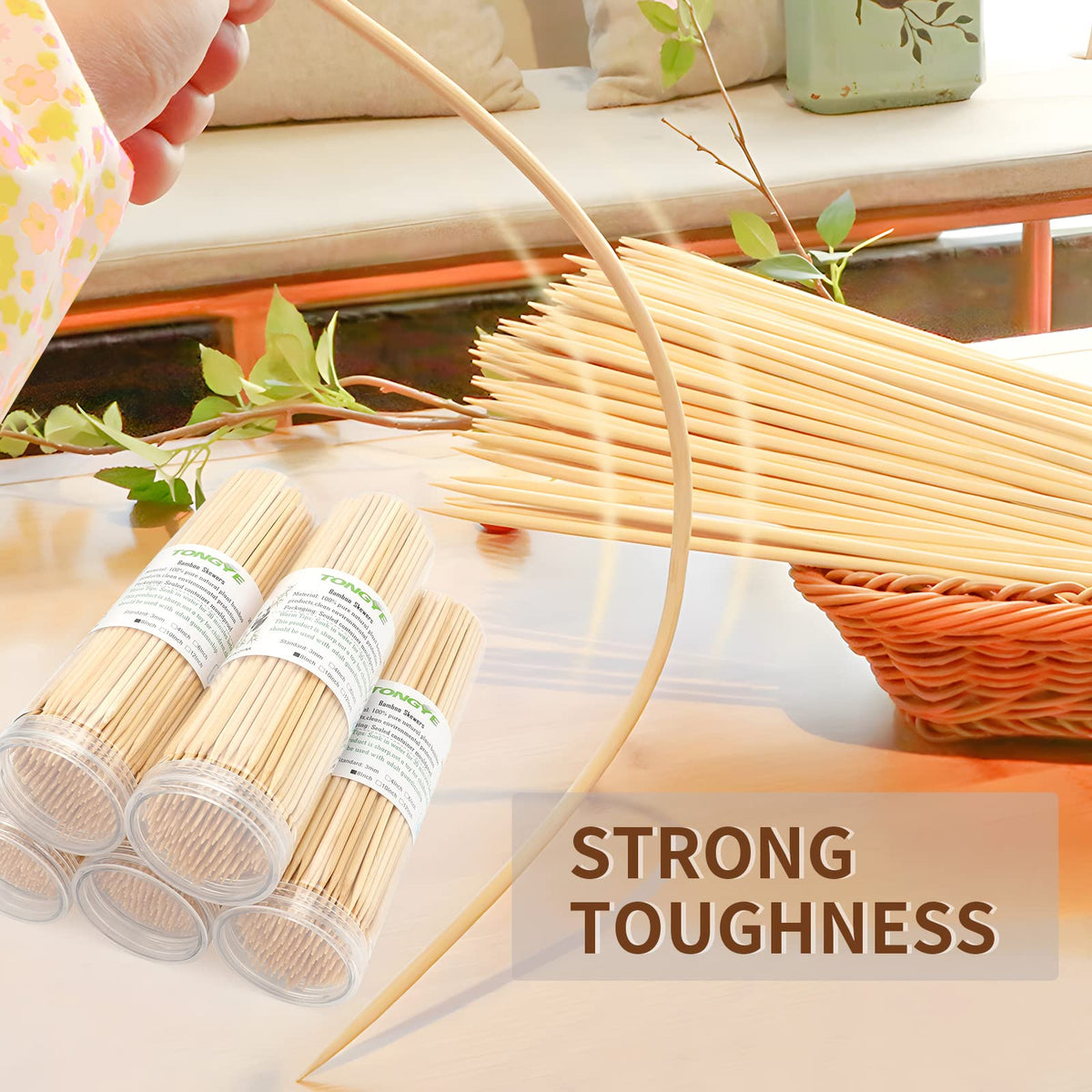 Tongye 12-inch skewers ideal for fruit skewers and cheese bites at parties.