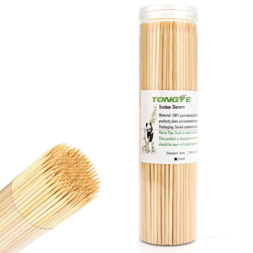 Tongye 12-inch bamboo skewers in packaging cylinder for tidy storage and mess-free prep.