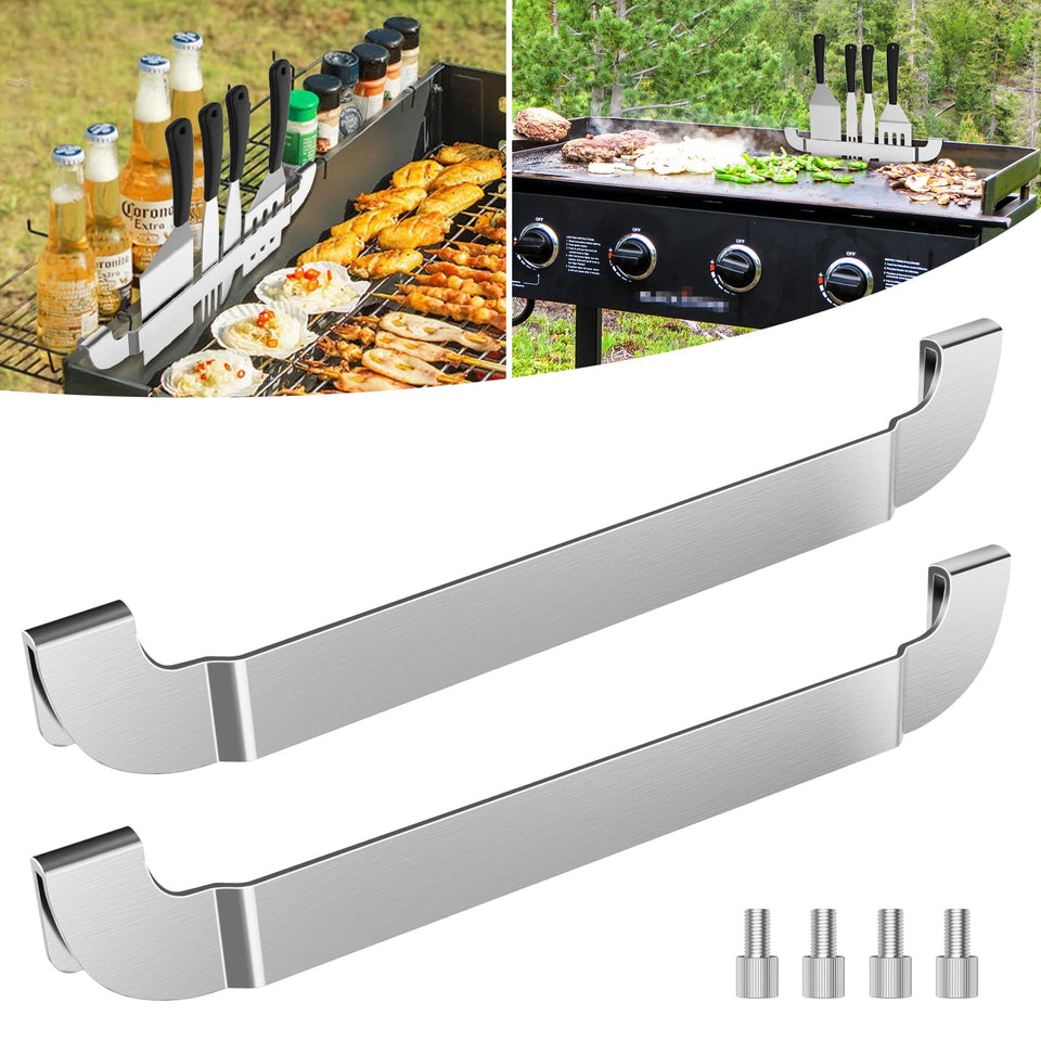Tonhui griddle spatula holder side view, sturdy stainless steel for easy access.