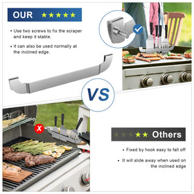 Tonhui griddle tools organized, rack holds blade scraper, spatula, and more.