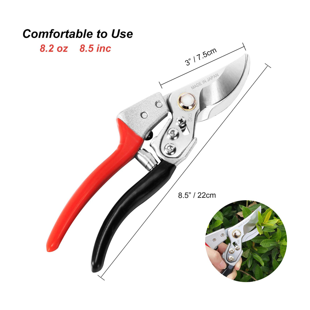 TONMA JP pruning shears 1-inch branch capacity in action trimming a branch.