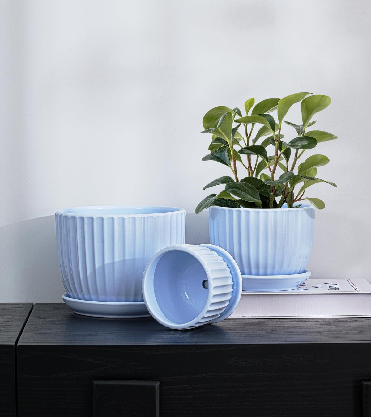 Ton Sin Sky Blue set includes saucers and drainage to protect surfaces
