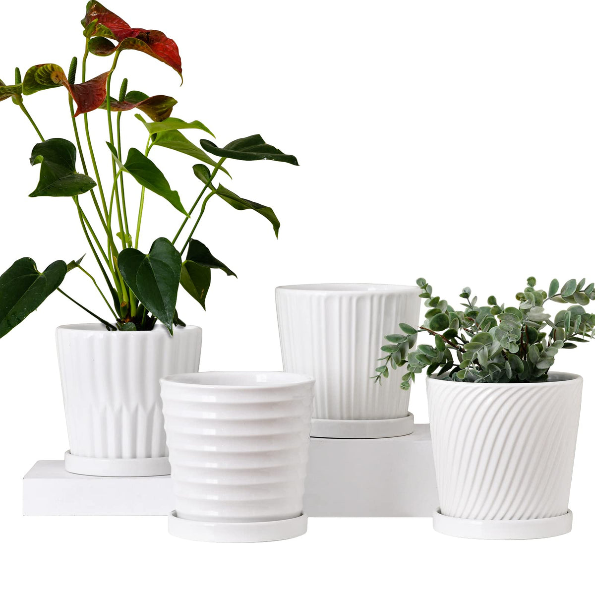 Ton Sin white ceramic plant pot with drainage holes and saucer for neat watering