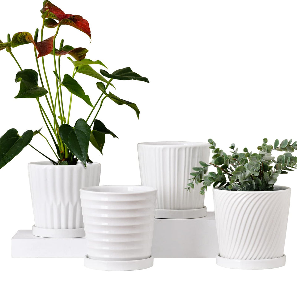 Ton Sin white ceramic plant pot with drainage holes and saucer for neat watering
