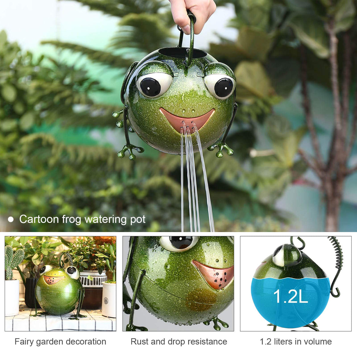 Tooarts Frog Watering Can water outlet close-up shows precise, controlled drizzle.