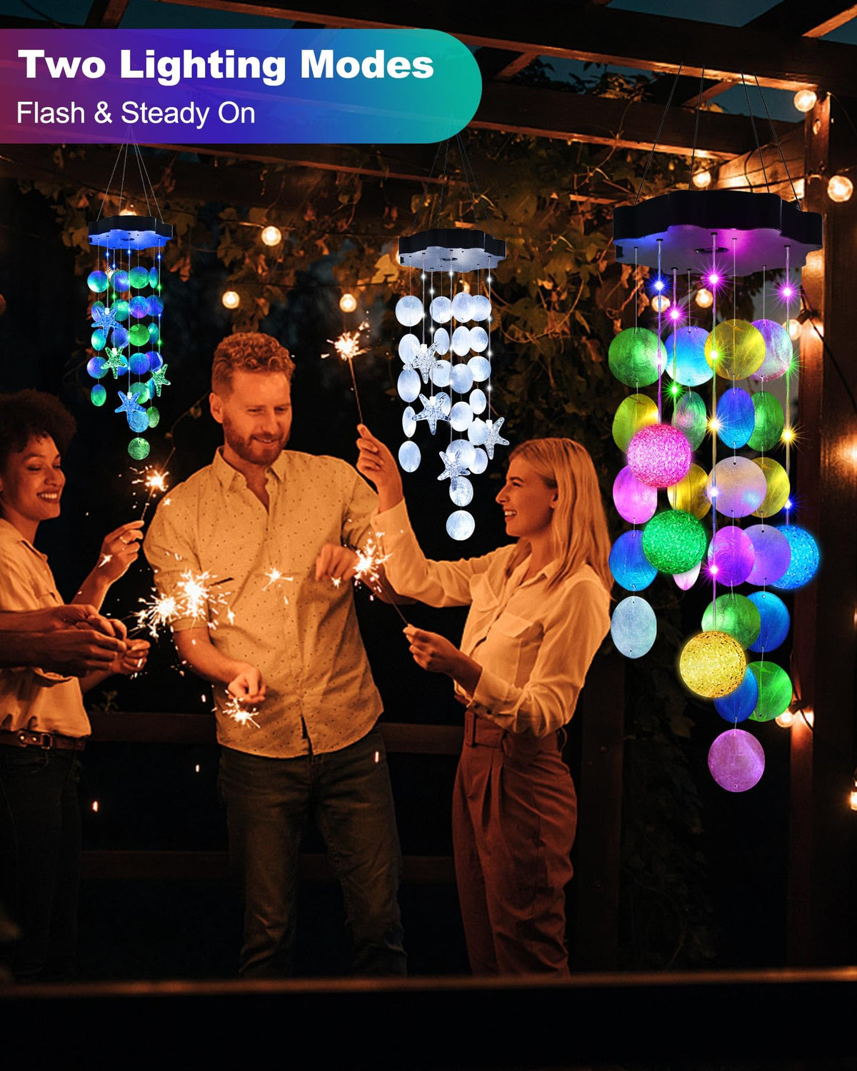 Toodour pastel seashell lights in a garden creating a calm patio ambiance