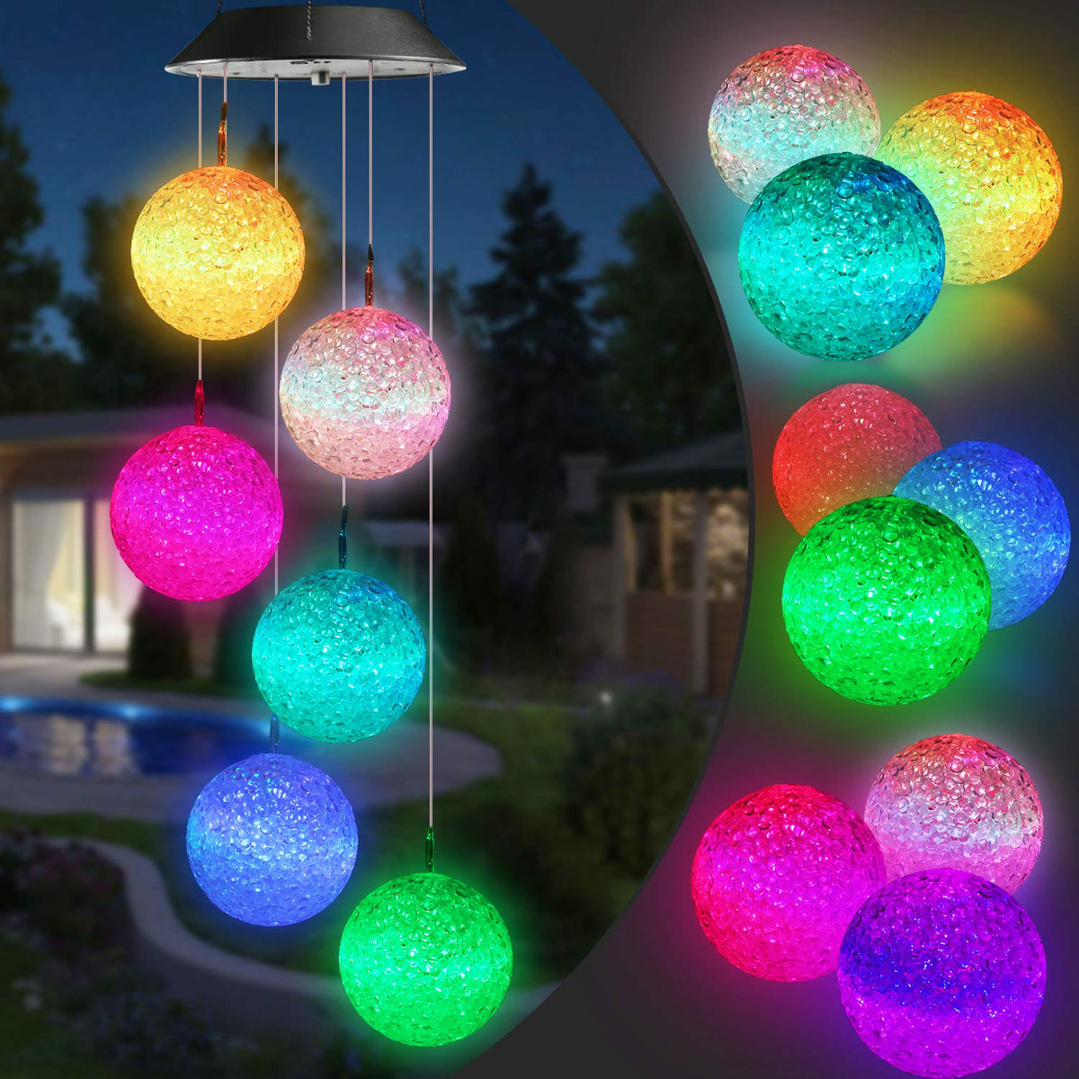 Toodour solar wind chime with color changing balls lights outdoor spaces at night