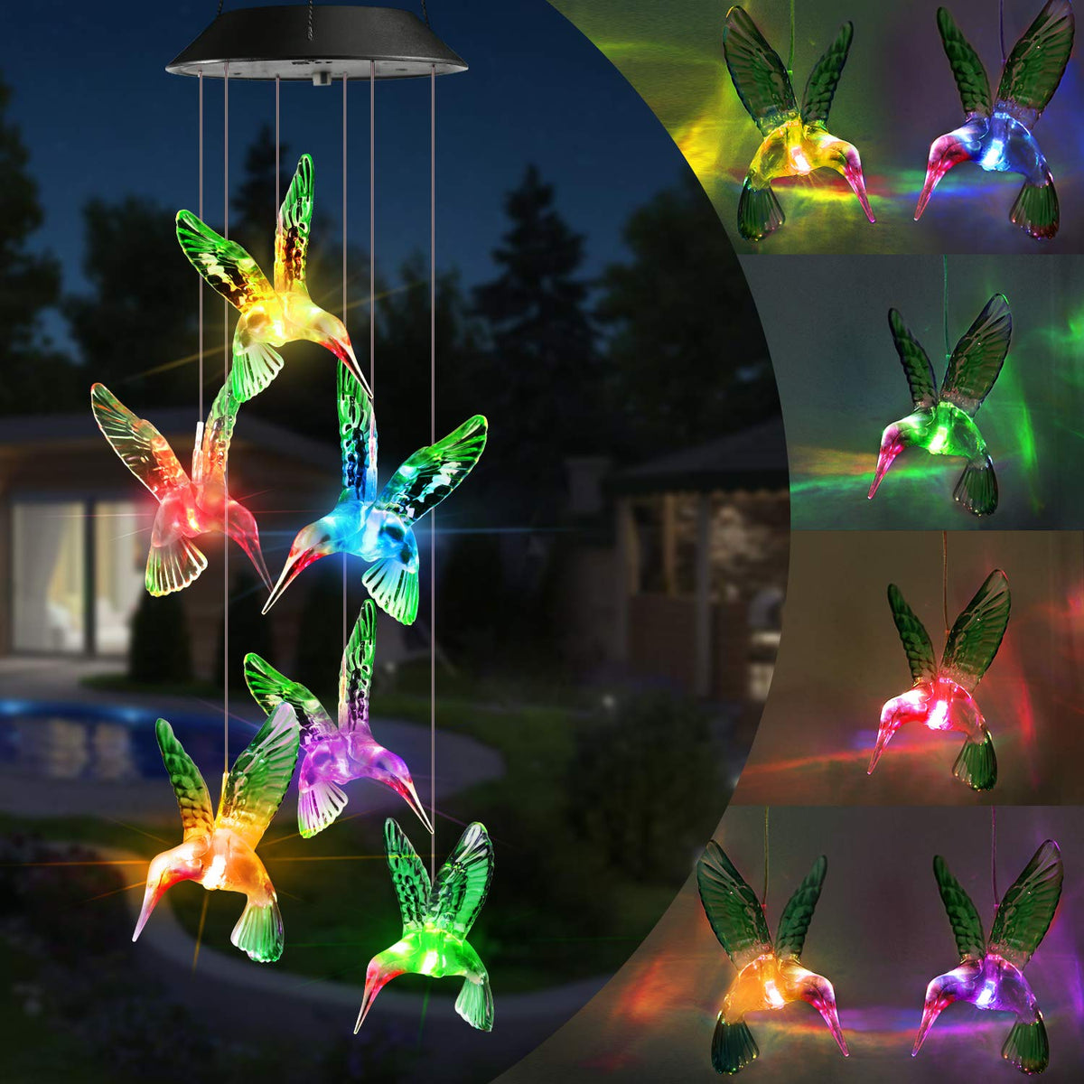 Toodour Solar Wind Chime hummingbird lights illuminate your garden at night with color-changing ambiance.