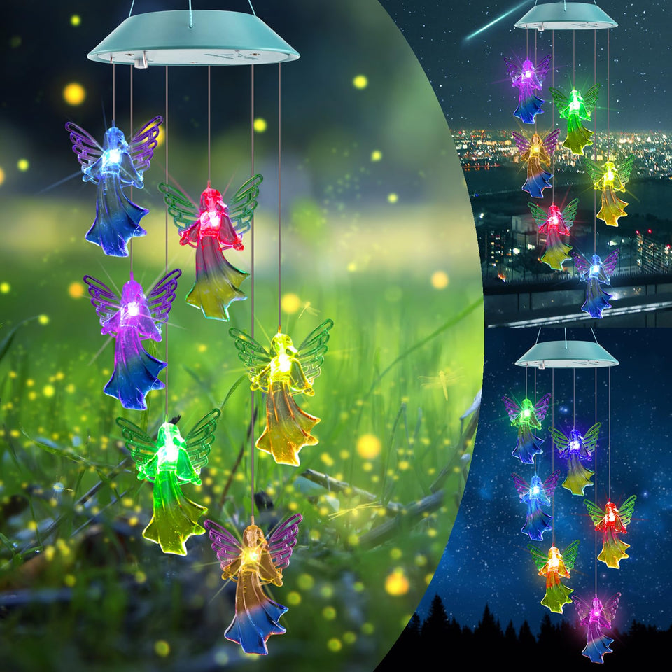 Toodour Solar Wind Chimes angel lights illuminate outdoors with a soft, decorative glow.