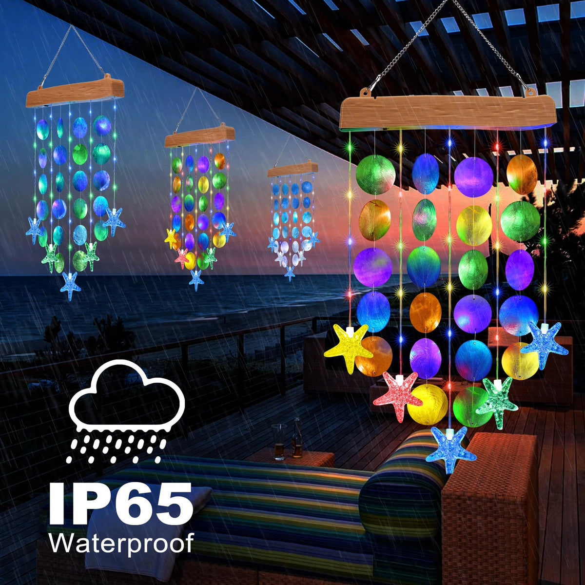 Toodour outdoor chimes hang on porch creating gentle sound and color at night