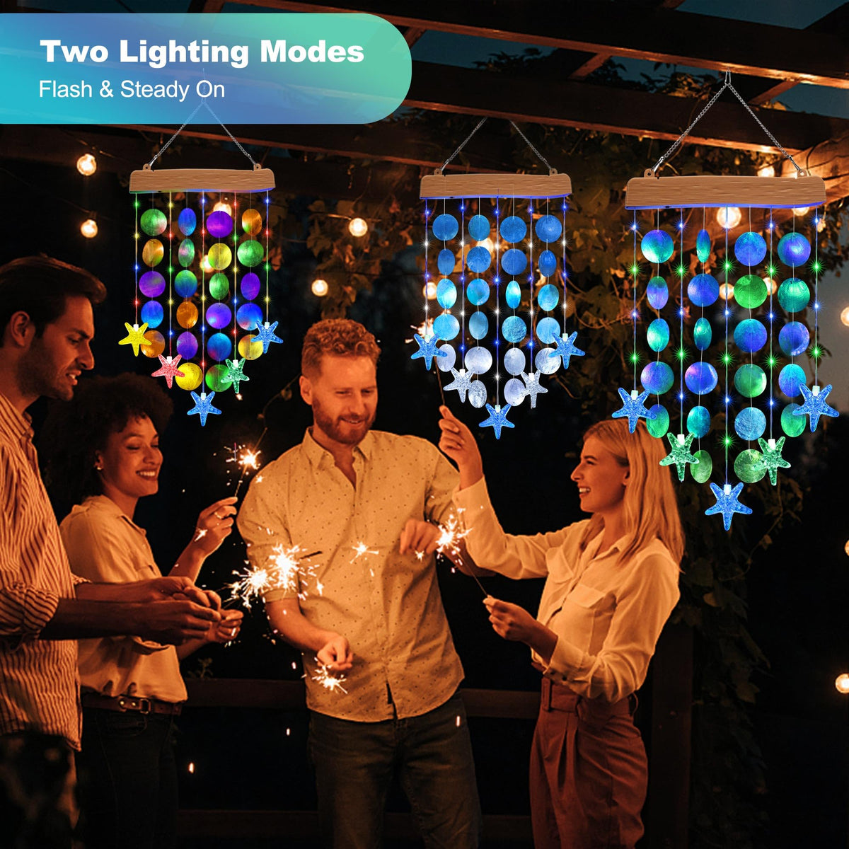 Toodour outdoor wind chimes lit at night enhance garden decor and mood.