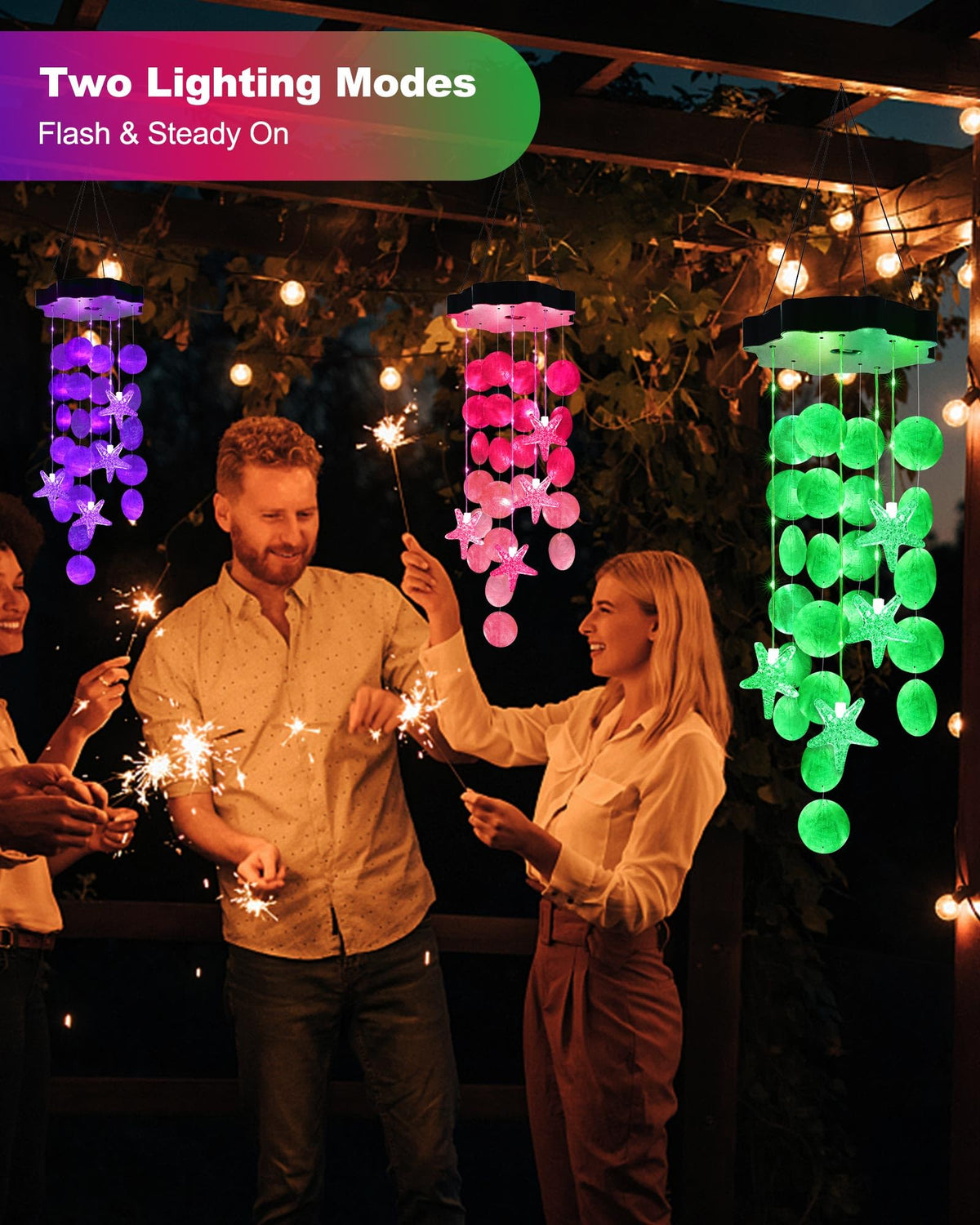 Toodour outdoor chimes in green glow softly, ideal for patio or porch decor.