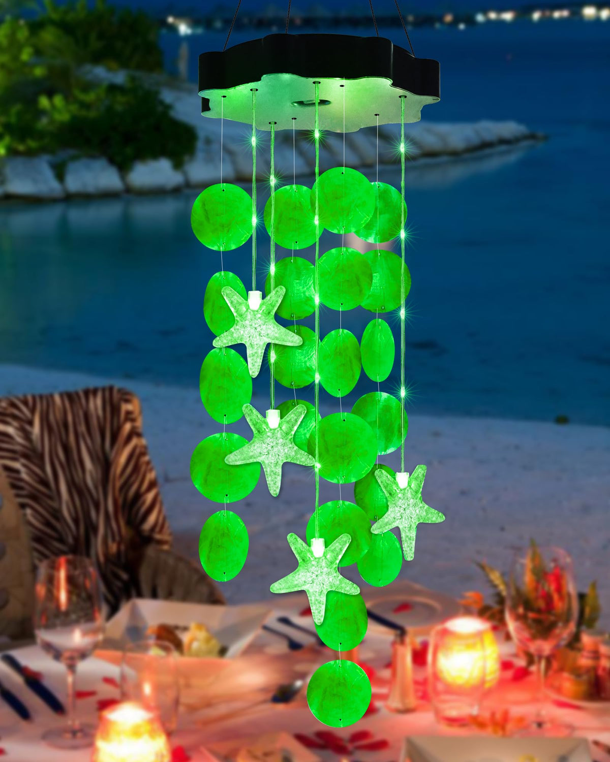 Toodour solar wind chimes with seashells illuminate porches at night with coastal ambiance.