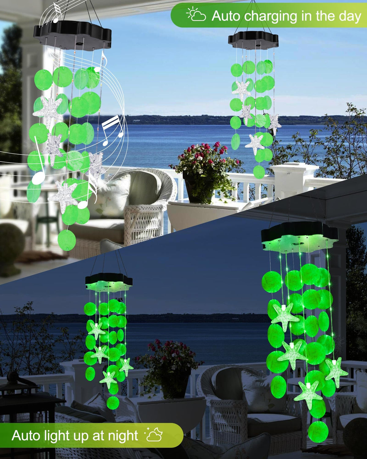Toodour seashell chimes add decorative light and ocean vibe to decks.
