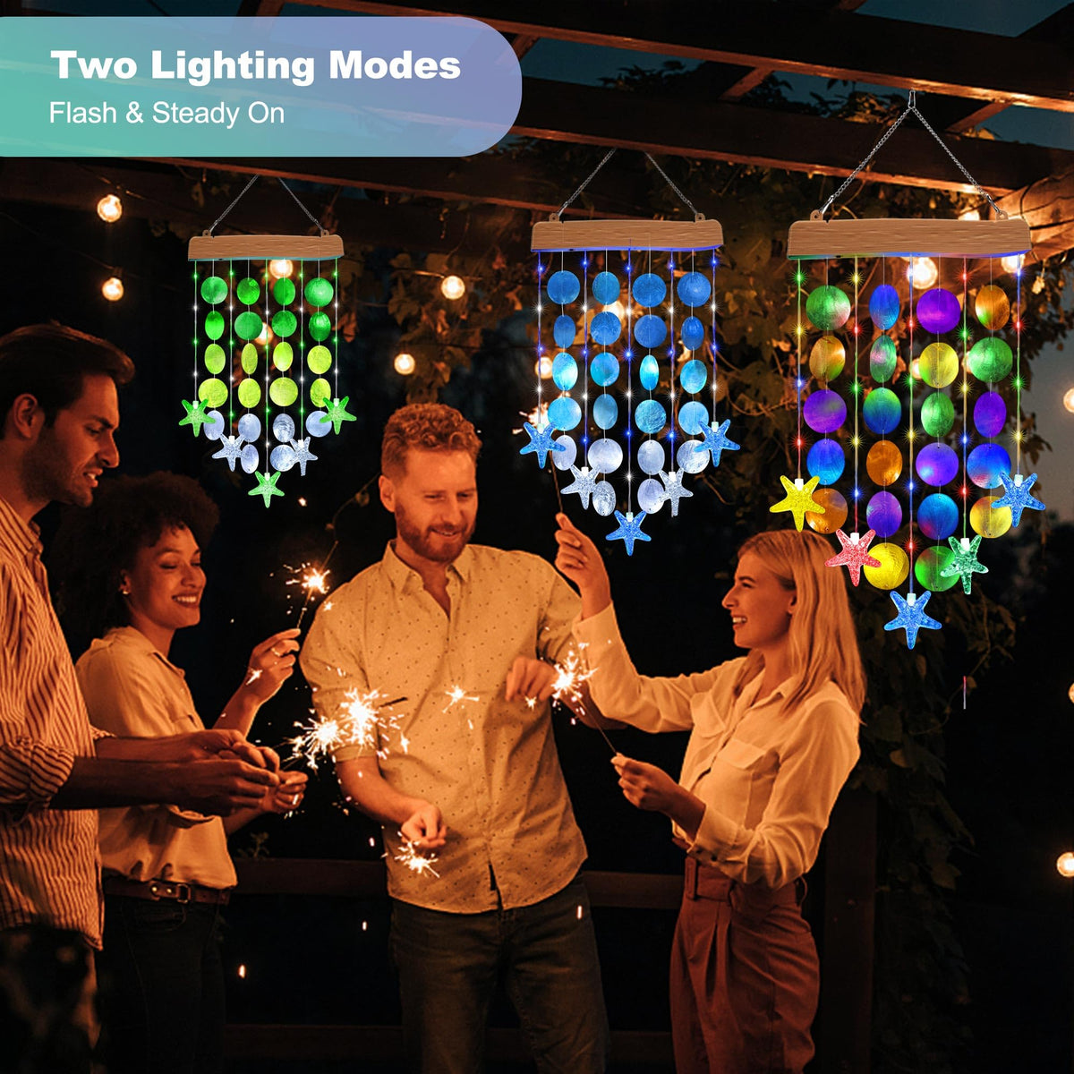 Toodour wind chimes add patio decor with vibrant shells and solar lights for evenings