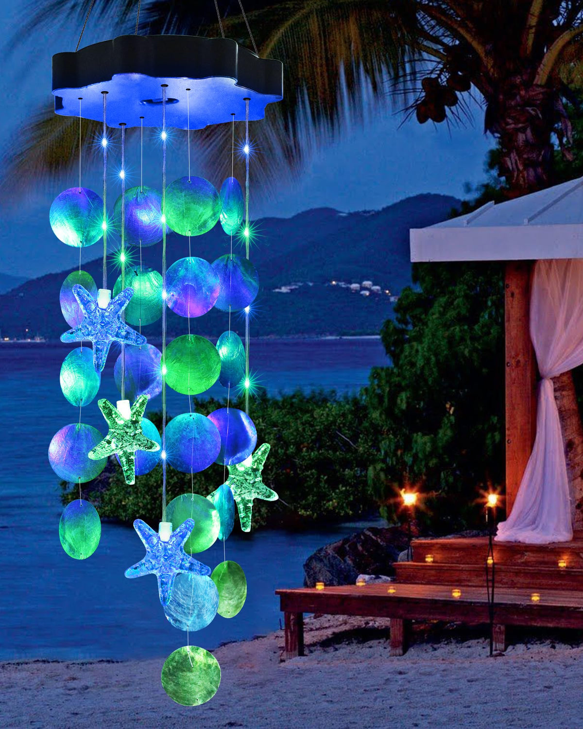 Toodour solar wind chimes glow outdoors with seashells in blue and green