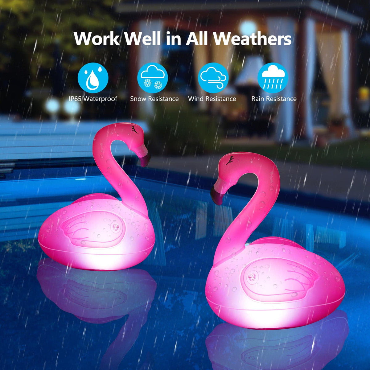 Toodour waterproof inflatable flamingo light remains functional in rain or pool water.