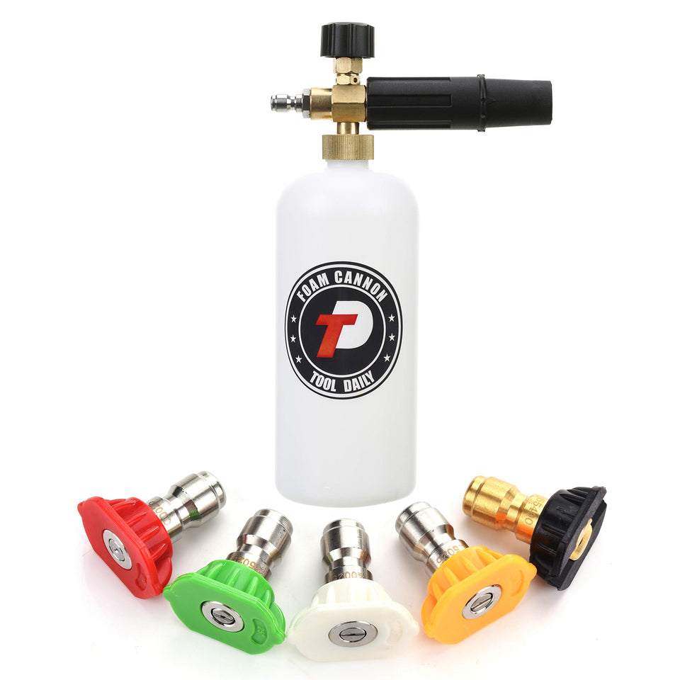 Tool Daily foam cannon with 1/4 inch quick connector for thick car foam.