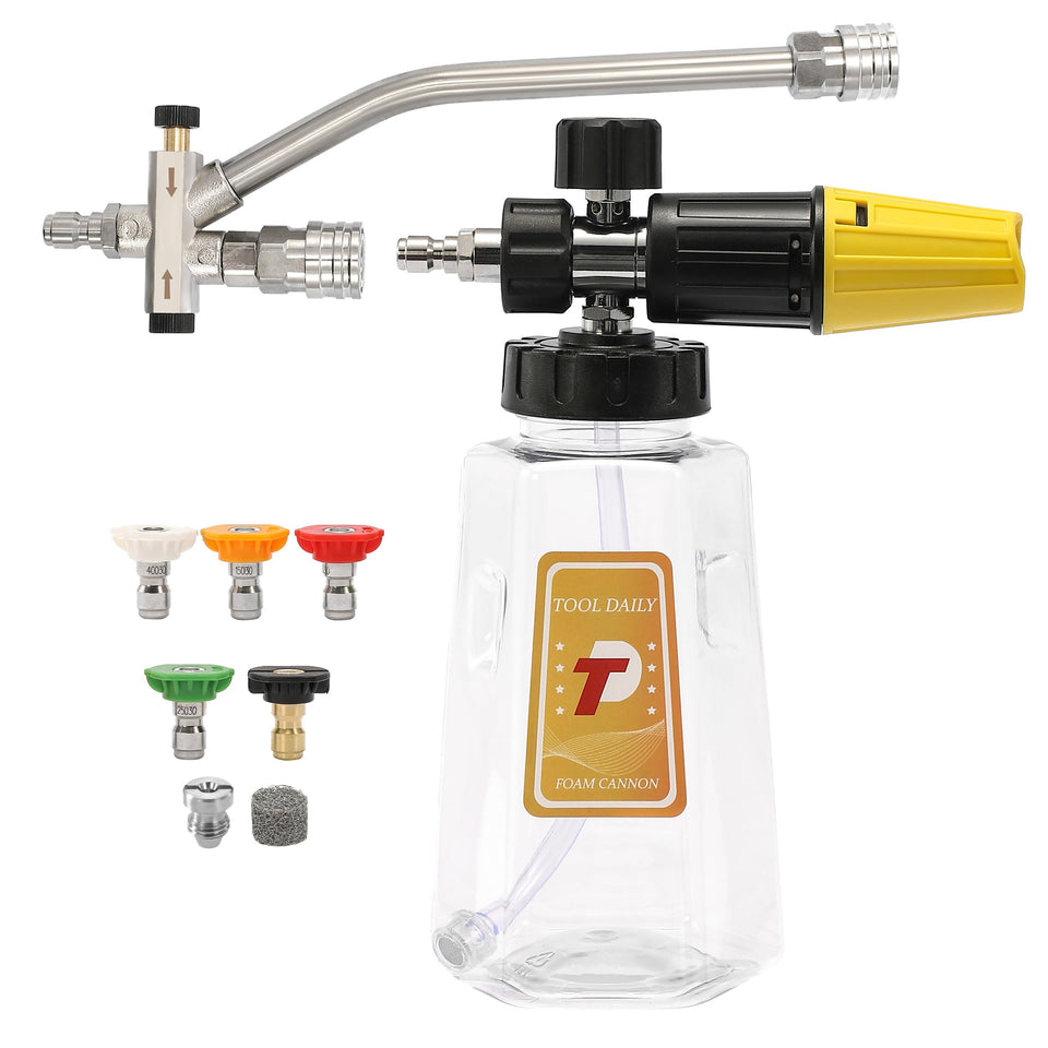 Tool Daily pressure washer foam cannon with dual-connector for smooth water flow during detailing.