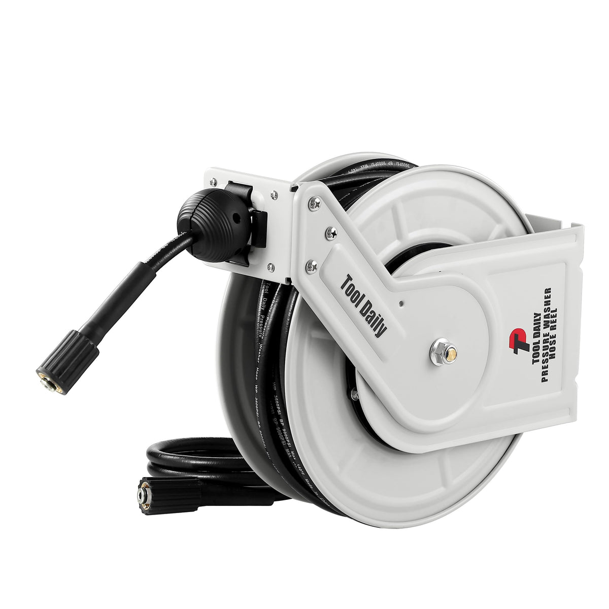 Tool Daily retractable pressure washer hose reel with 60ft reach for extended cleaning.