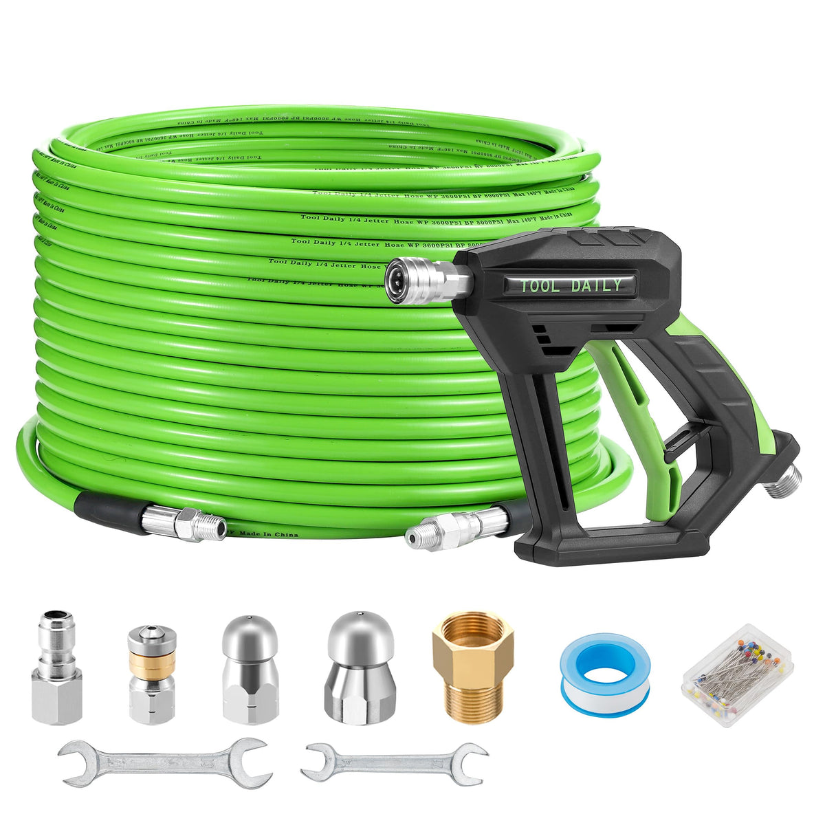 Tool Daily sewer jetter kit 100ft hose clears clogged drains.
