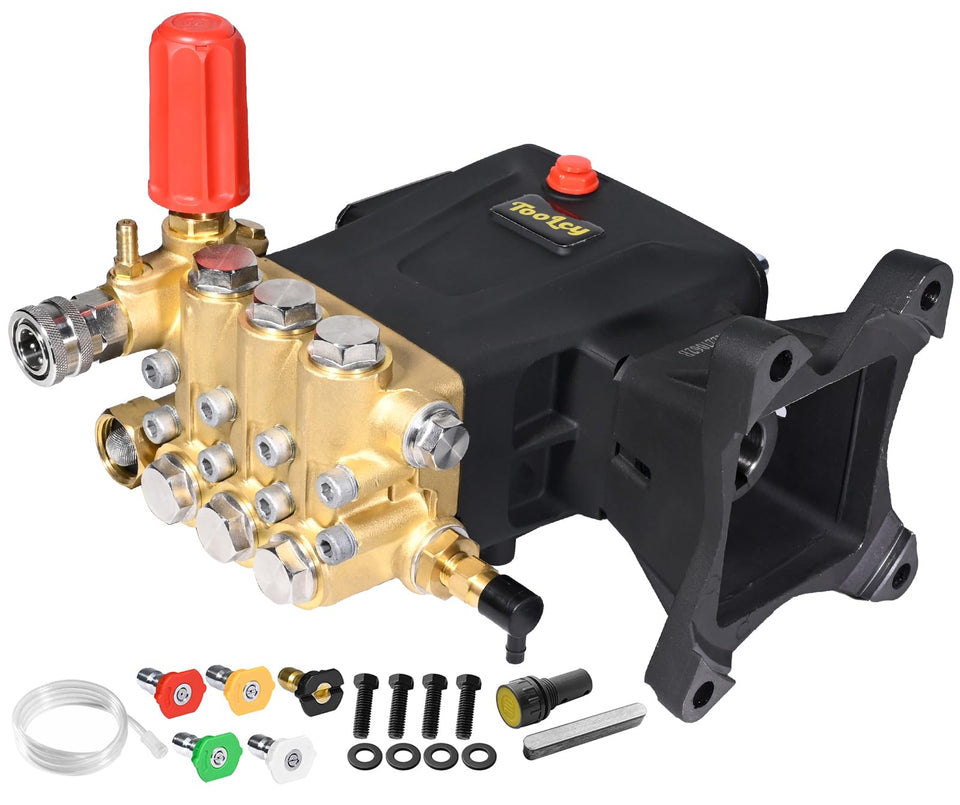TOOLCY pump front view shows rugged anodized crankcase for long-lasting durability.
