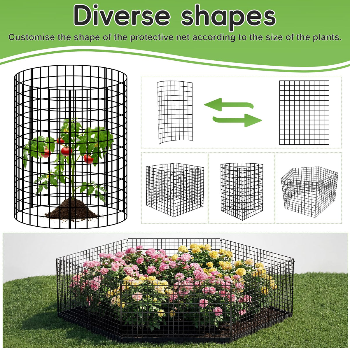 Toolterritary modular panels form cylindrical or rectangular cages.