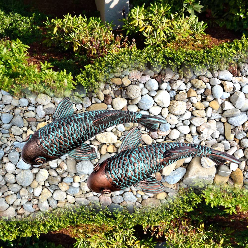Tooyuart bronze koi fish garden sculpture set of 2 shown outdoors.