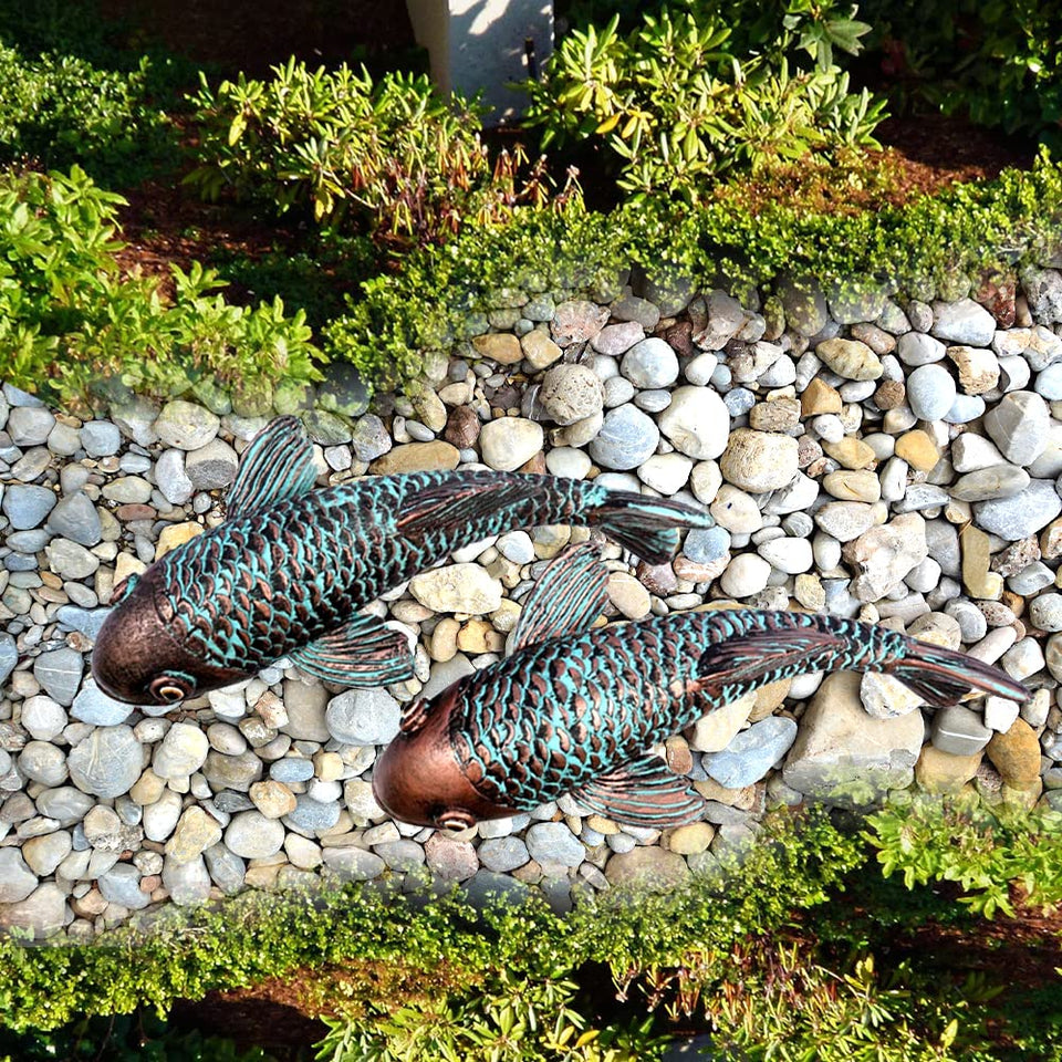 Tooyuart bronze koi fish garden sculpture set of 2 shown outdoors.