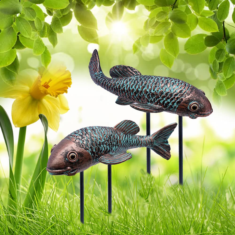 Tooyuart bronze koi sculptures ideal for patio or path edge.