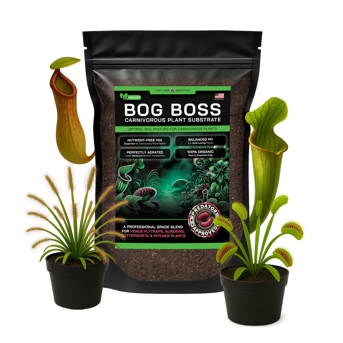 Top Tier Genetics BOG BOSS soil blend close-up shows texture optimized for nutrient-free carnivorous plants