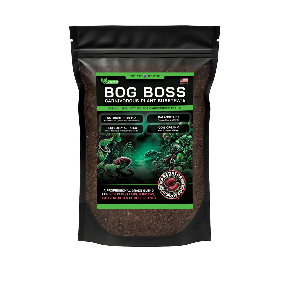 Closeup of Top Tier Genetics BOG BOSS soil texture, airy and well-draining.