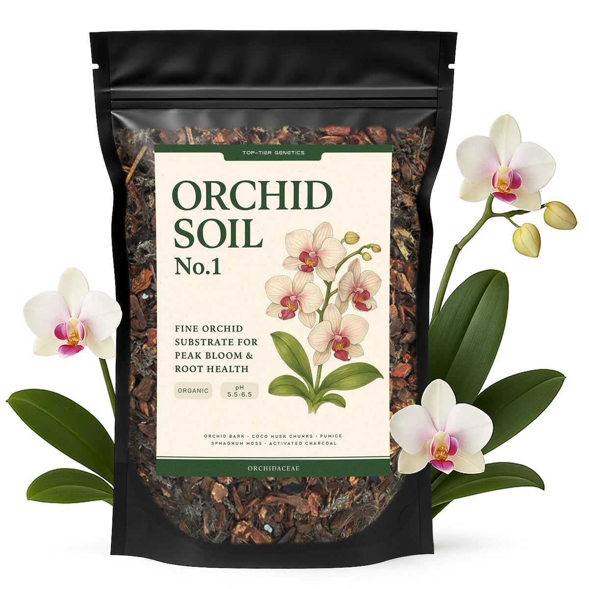 Top Tier Genetics Orchid Soil bag front with peat-free mix for healthy orchid roots.