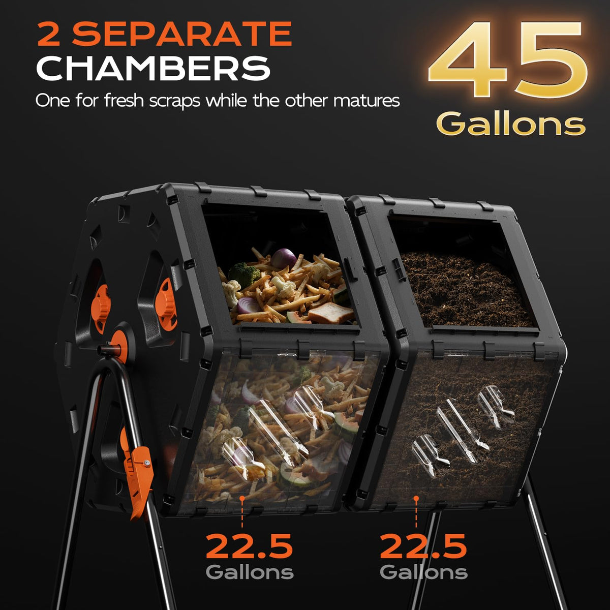 TOP XIAN compost tumbler dual chambers for continuous cycling and fresh-to-mature compost