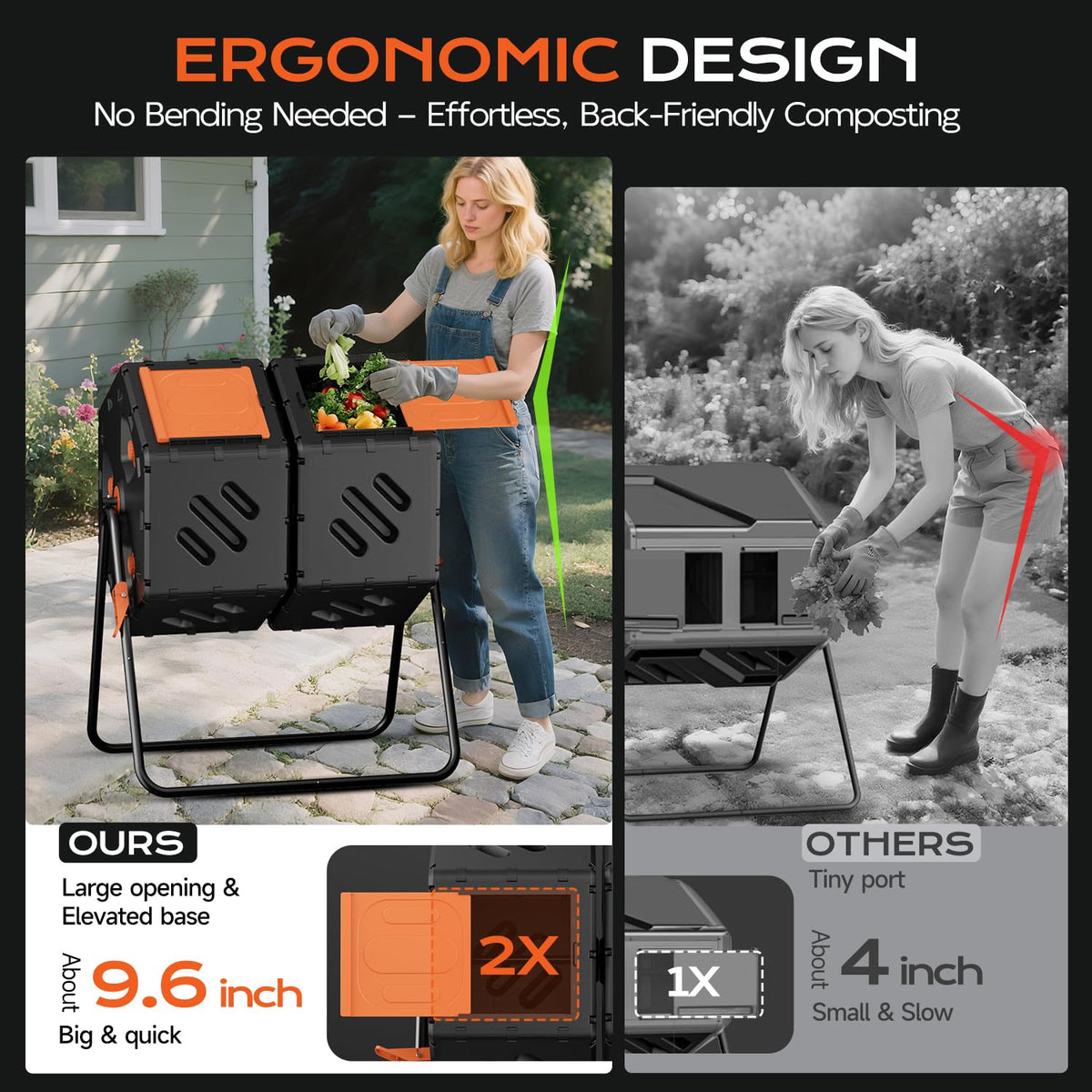 TOP XIAN compost tumbler elevated base reduces bending during loading and harvesting