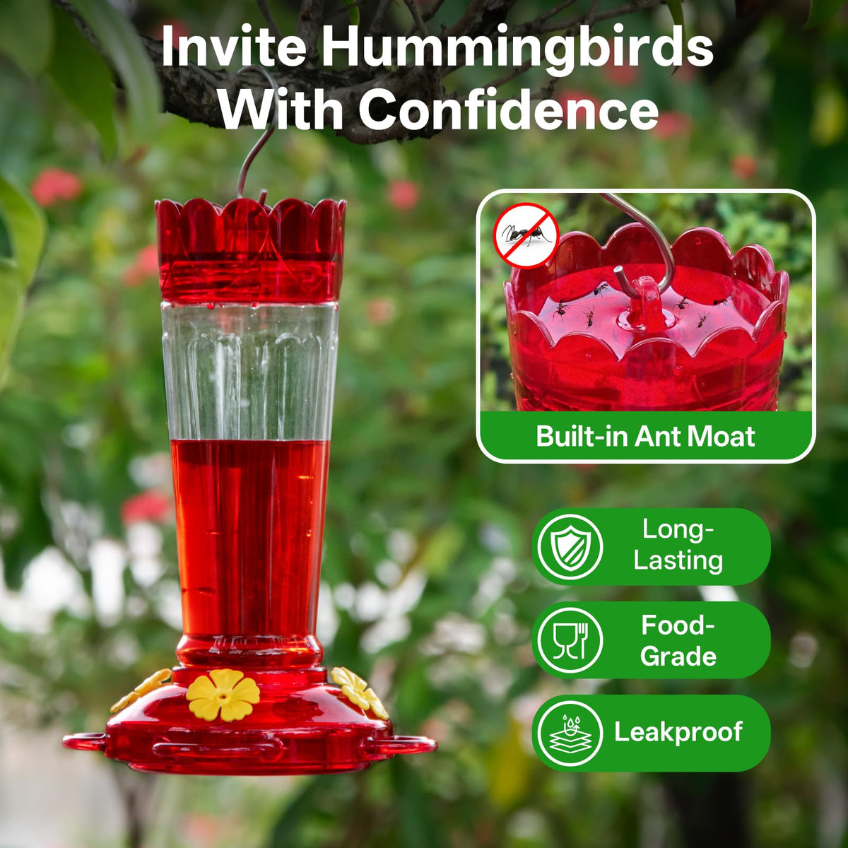 TOP XIAN bee-proof port design keeps nectar for hummingbirds.