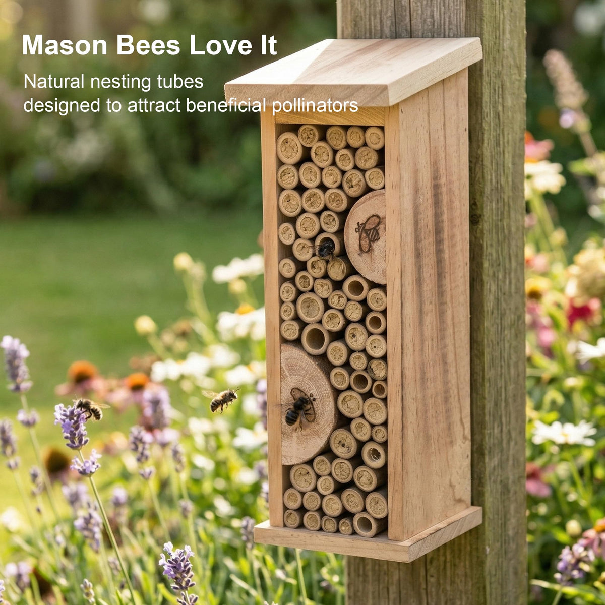 Topadorn bee habitat in garden scene demonstrates pollinator-friendly landscaping.