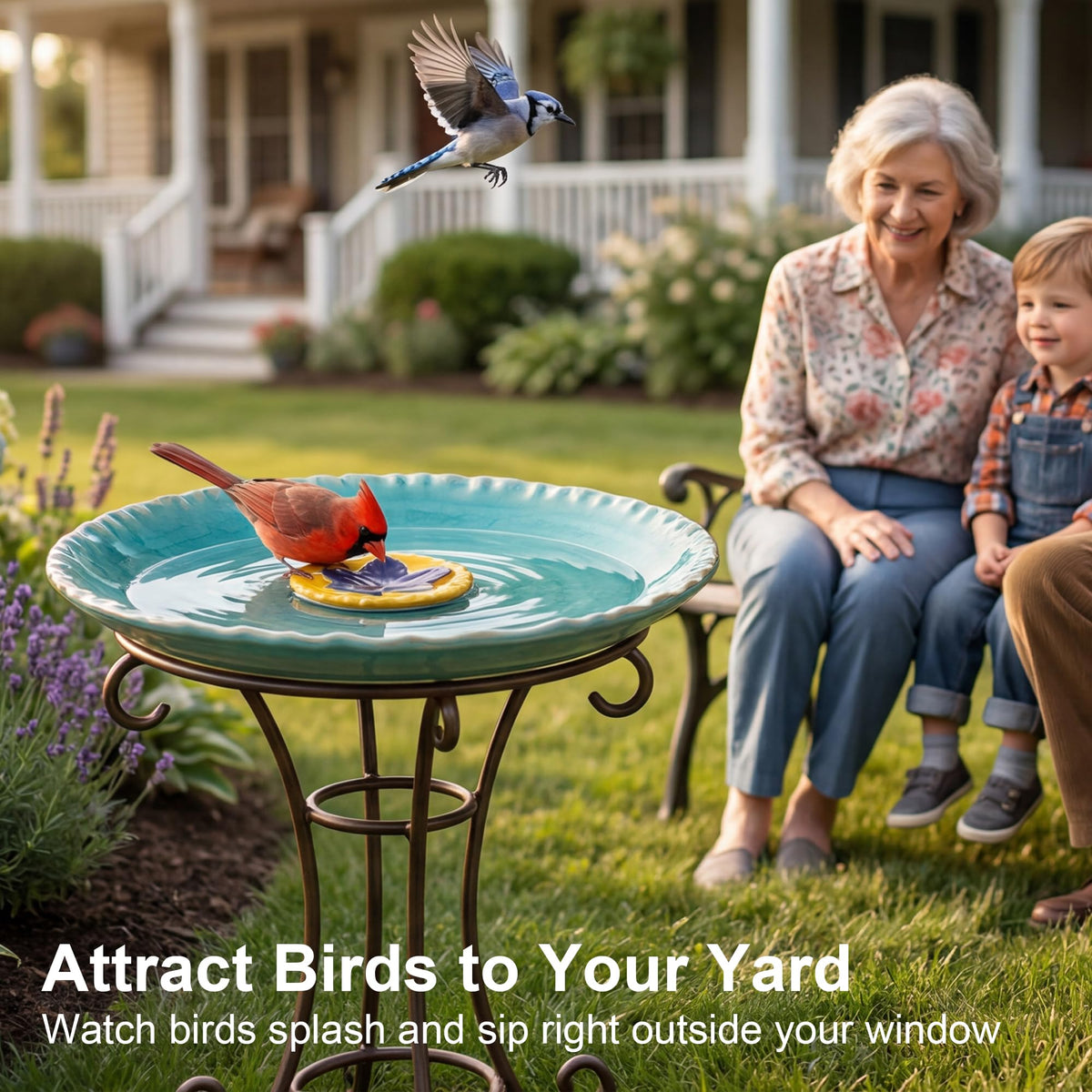 Topadorn birdbath with birds drinking highlights easy outdoor water access.