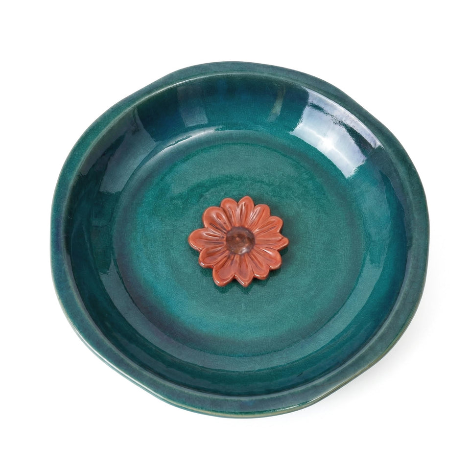 Topadorn ceramic birdbath with blue glaze enhances outdoor decor and durability.