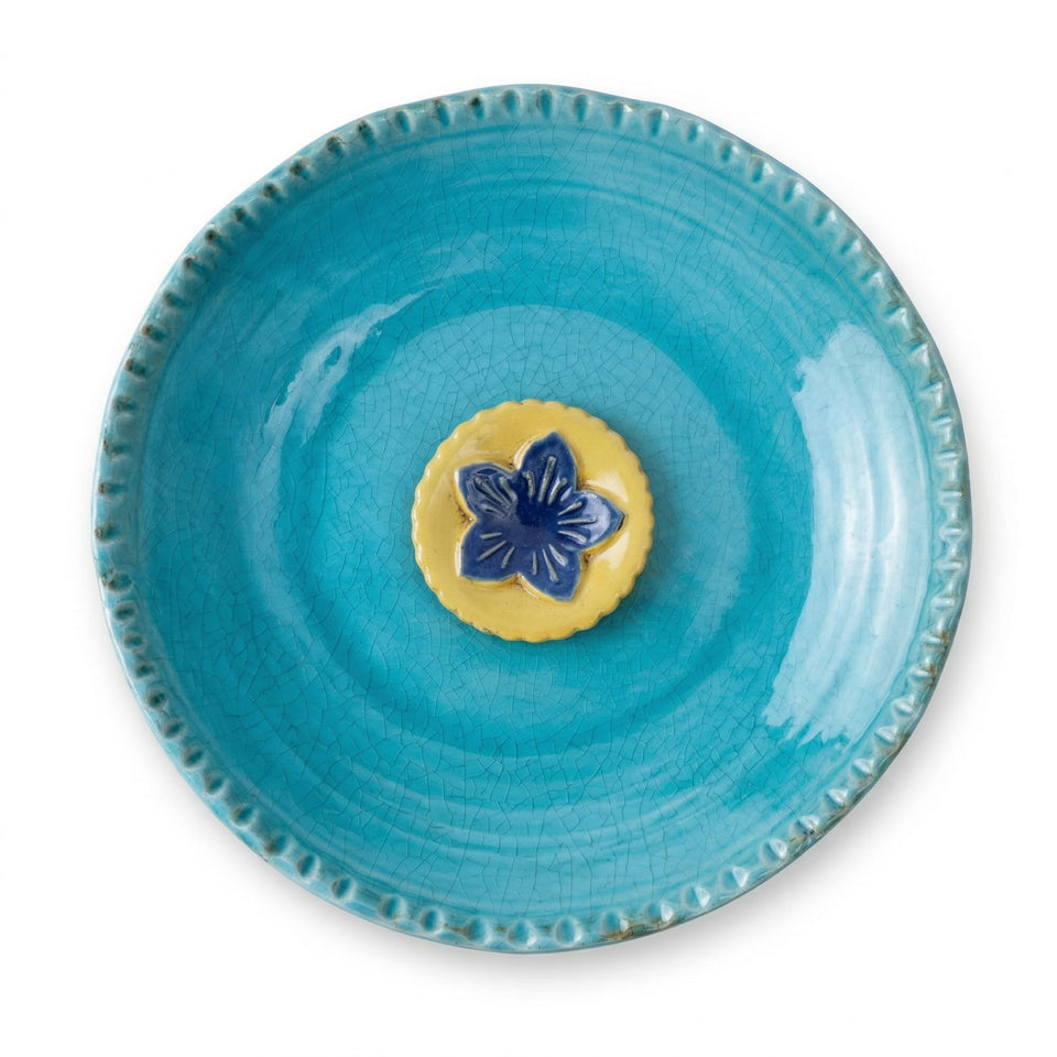 Topadorn birdbath full view in blue glaze for outdoor use.