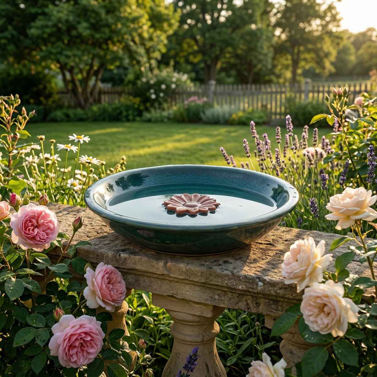 Topadorn birdbath on a sunlit patio adds vintage charm.